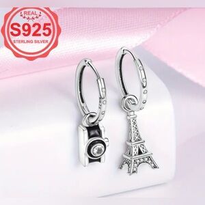 925 EIFFEL TOWER & CAMERA STERLING SILVER EARRINGS, NEW